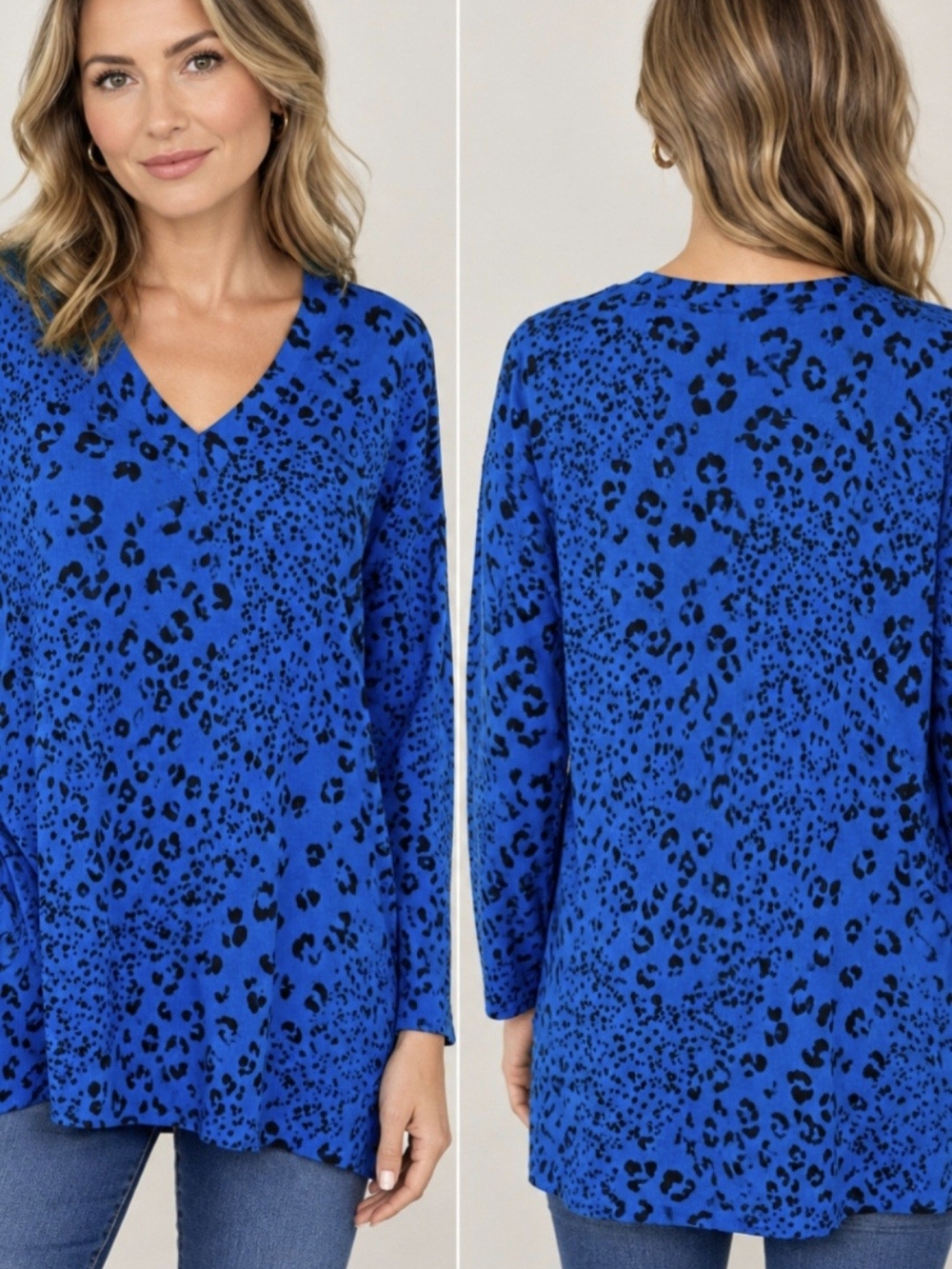 JM COLLECTION ROYAL Blue Leopard Print V-Neck Women’s Top Size XL
